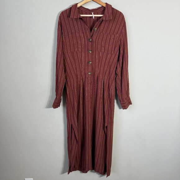 Free People Audrey Stripe Midi Dress Women's Small Red Button Up Collared Boho - Picture 5 of 15